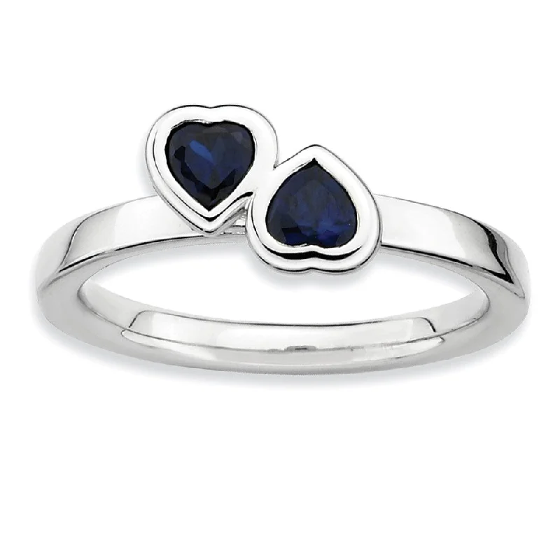 Sterling Silver Stackable Double Heart Created Sapphire Ring