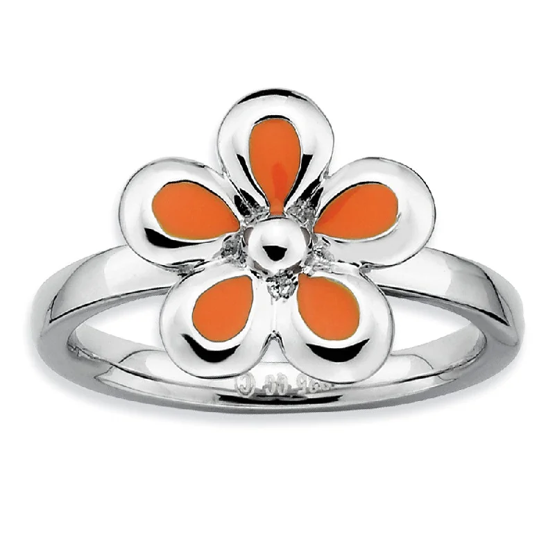 Sterling Silver Stackable Orange Enameled Flower Ring