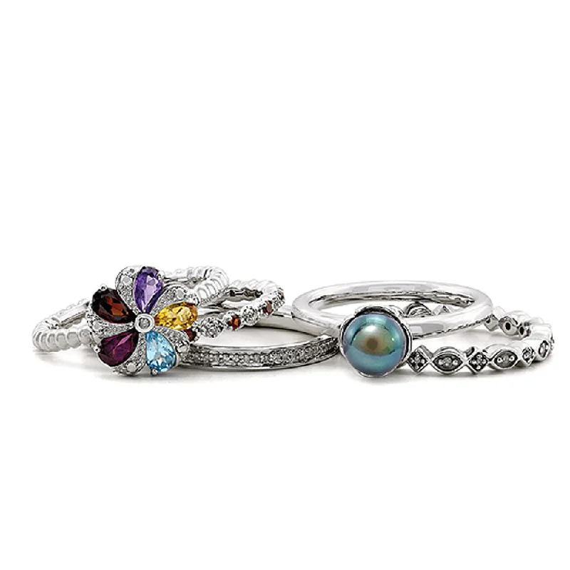 Sterling Silver Stackable Rainbow Deluxe Flower Ring Set