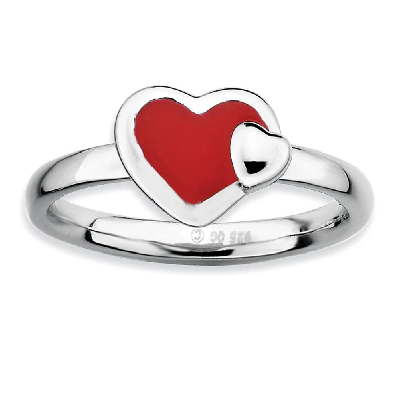 Sterling Silver Stackable Red Enameled Heart Ring