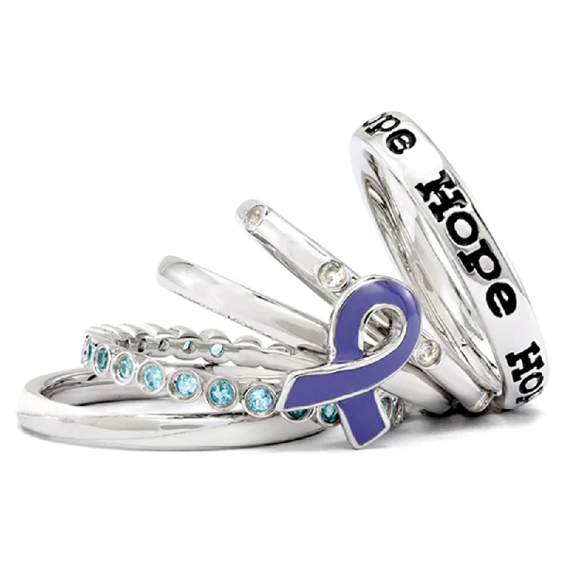 Sterling Silver, Topaz, Purple Enamel Awareness Ribbon Stack Ring Set