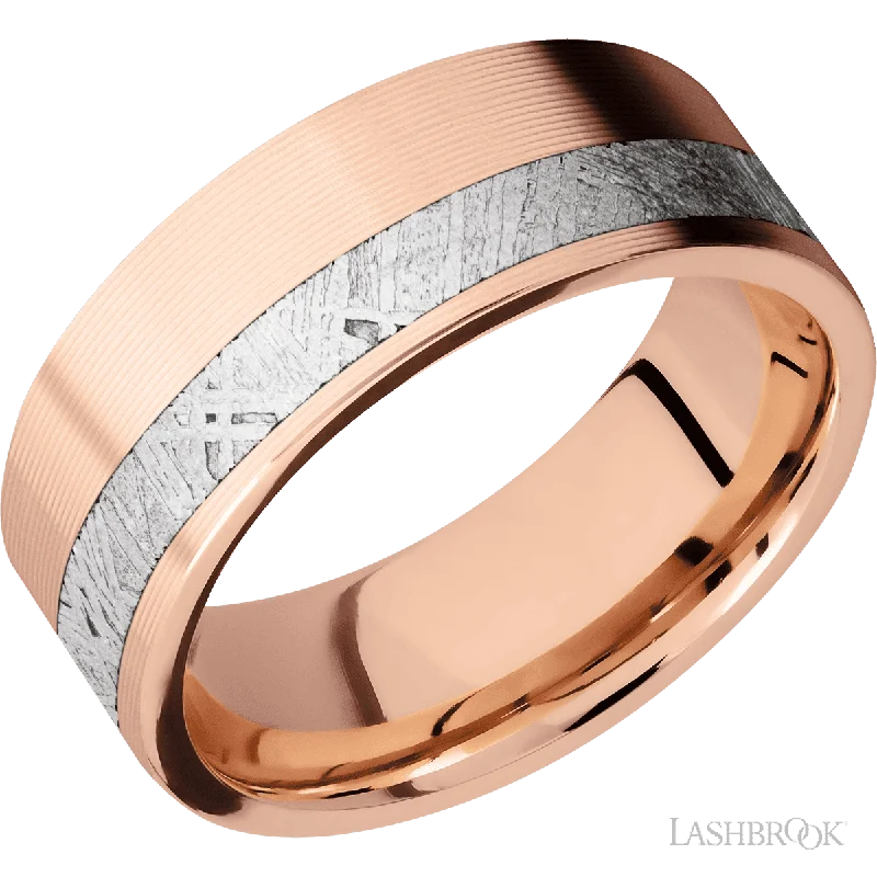 14K Rose Gold with Machine, Machine Finish and Meteorite Inlay - 8MM