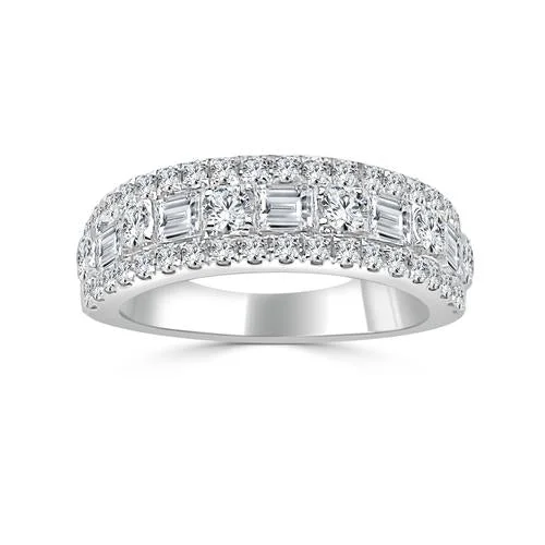 14k Three Row Round and Baguette Diamond Band