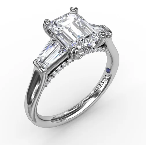 14K White Gold 0.39cttw VS FG Emerald Cut Diamond Semi-Mount Ring with Tapered Baguette Sides by Fana