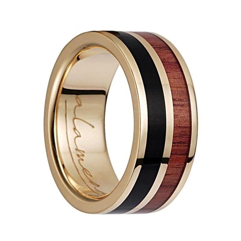 14K Yellow Gold Flat Wedding Band Ebony Tulip Wood Inlay - 8mm