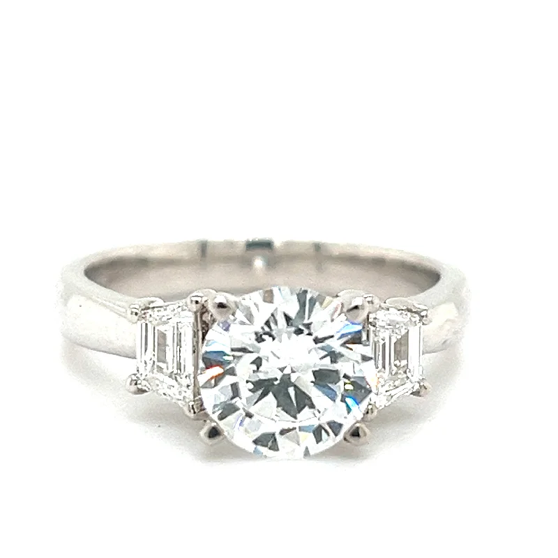 14K White Gold Round Engagement Semi-Mount Ring with Trapezoid Diamond Side Stones