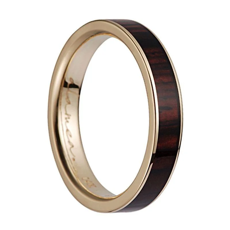 14K Yellow Gold Women's Flat Wedding Ring With Cocobolo Wood Inlay - 4mm & 8mm