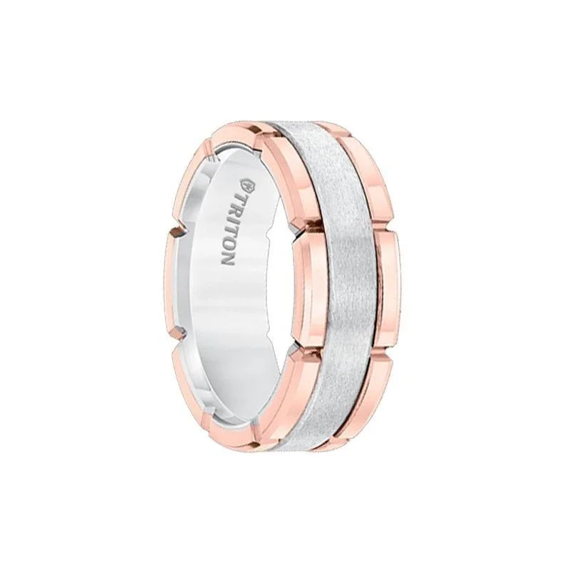 ARNETT Rose Gold Tungsten Carbide Flat Comfort Fit Band W/Brush Center & Bright Rims by Triton Rings - 8mm