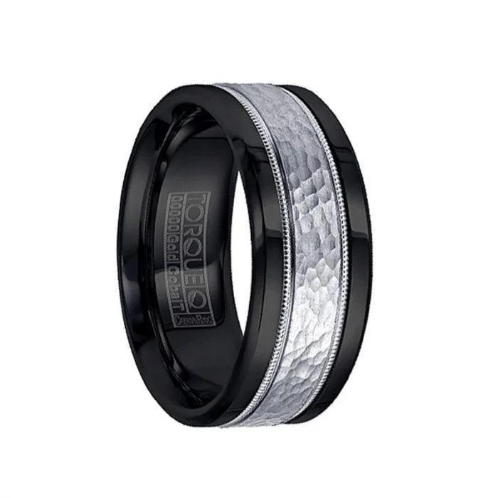 Black Cobalt Men’s Wedding Ring with Hammered 14k White Gold Inlay - 9mm