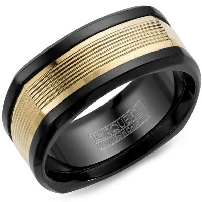 Black Cobalt Squared Wedding Band with Grooved 14k Yellow Gold Inlay by Crown Ring - 9mm