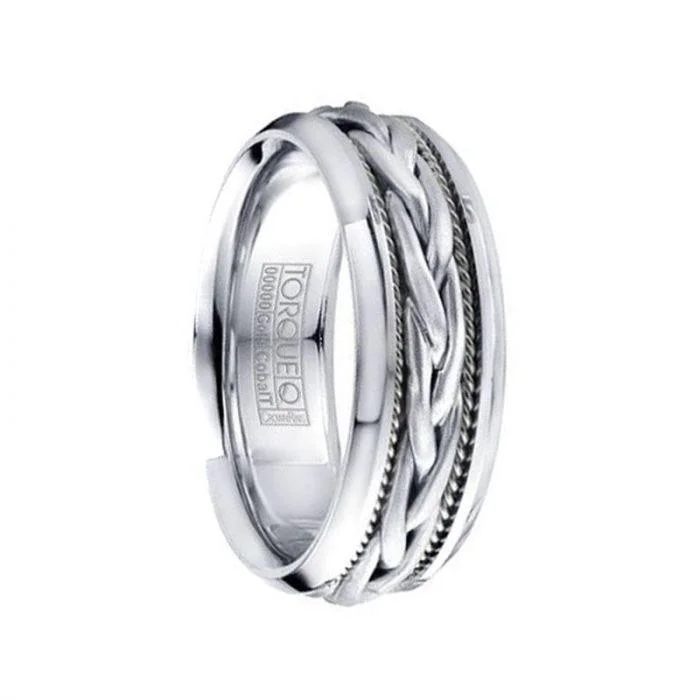 Braided Rope Center 14k White Gold Inlay & Beveled Cobalt Men’s Wedding Ring - 7.5mm