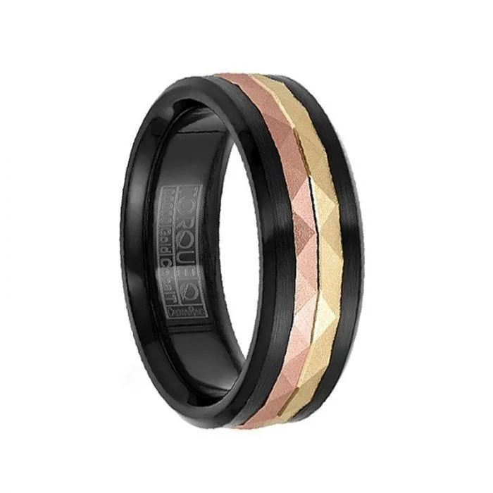 Brushed Black Cobalt Men’s Wedding Ring with Faceted 14k Rose & Yellow Gold Inlay - 7.5mm