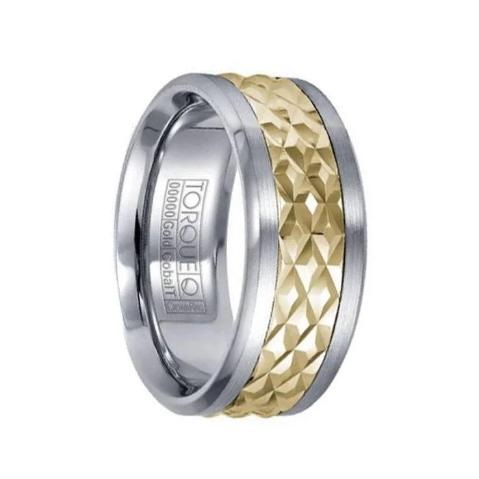 Brushed Cobalt Men’s Band with Textured Diamond Pattern 14k Yellow Gold Inlay - 9mm