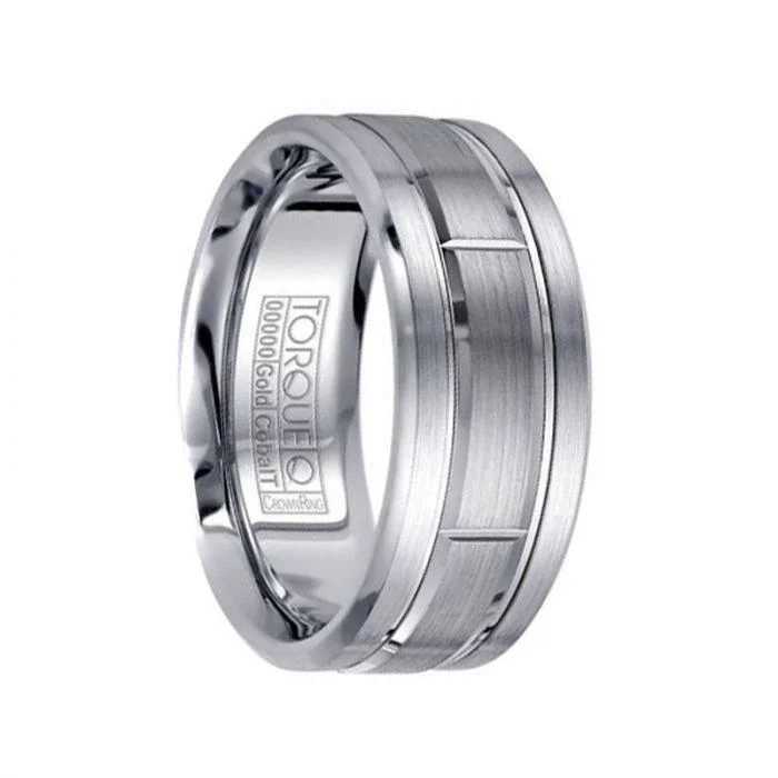 Brushed White Cobalt Men’s Wedding Band with Grooved 14k White Gold Inlay Design Polished Edges - 9 mm