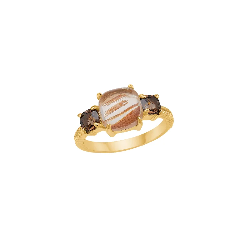 18K Gold Plated Ring w. Rutile & Smoked Quartz