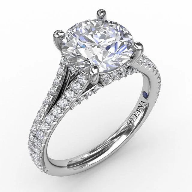 Classic Hidden Halo Round Diamond Solitaire Engagement Semi-Mount Ring With Split-Diamond Shank