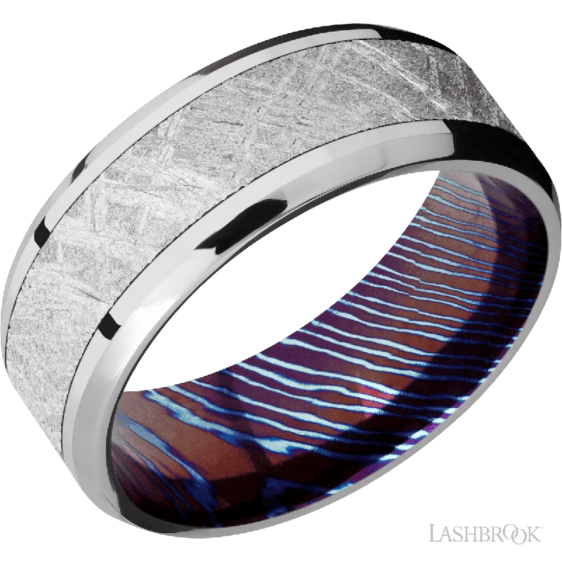 Cobalt Chrome with Polish, Polish Finish and Meteorite Inlay and Titanium Damascus - 8MM