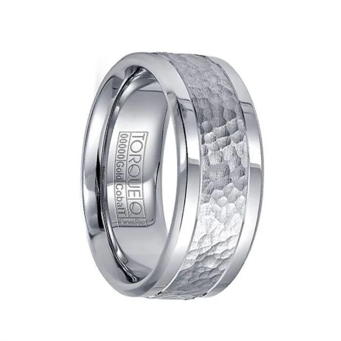 Dual Grooved Polished Cobalt Wedding Band with Hammered 14k White Gold Inlay - 9mm