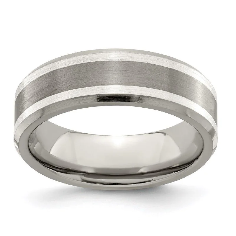 Edward Mirell Titanium Brushed/Polished with Argentium Sterling Silver Inlay Flat Beveled Edge 7mm Band