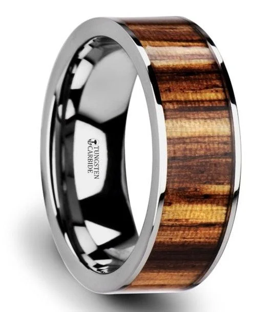 COPAN Men's Tungsten Flat Polished Edges & Real Zebra Wood Inlay-8mm