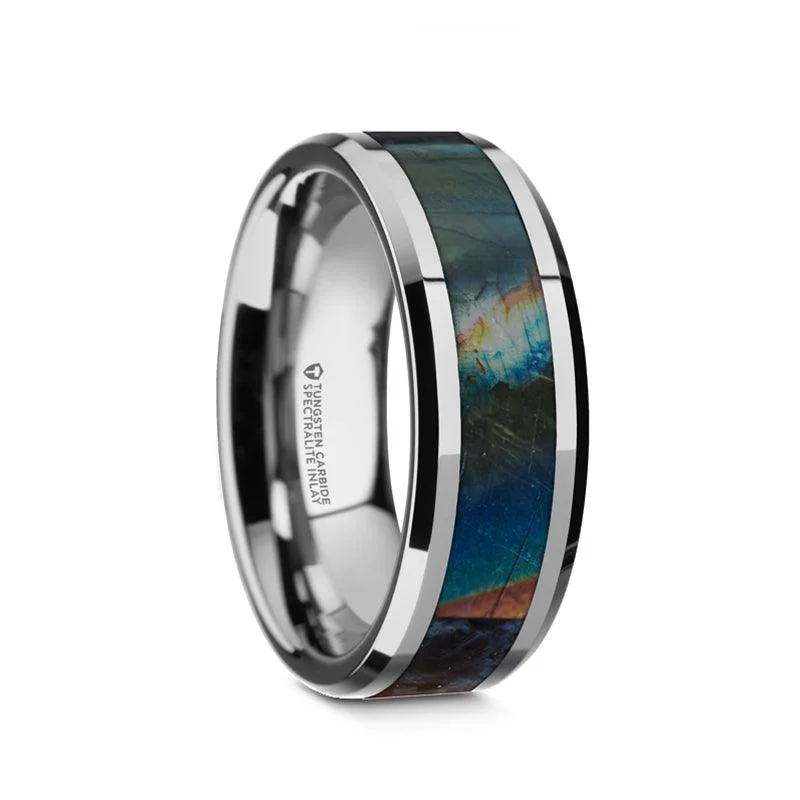 ESSENCE Men's Beveled Tungsten Carbide Ring with Spectrolite Inlay-8mm