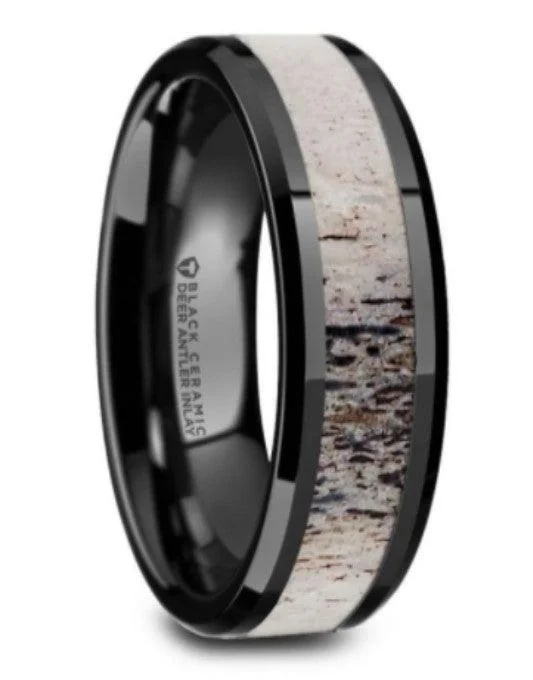 TRES Beveled Black Ceramic Polished Men's Band Ombre Antler Inlay - 8mm