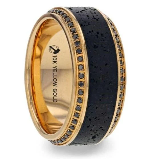 HYPERION Lava Inlaid 10KY Gold Polished Beveled Edges Round Black Diamonds