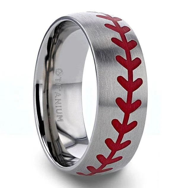 DIMAGGIO Titanium Brushed Finish Ring Red Baseball Stitching Pattern