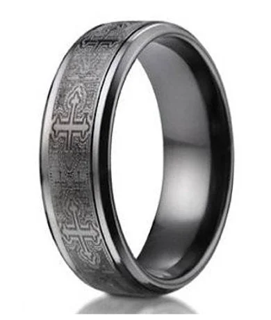 Designer Men's Black Titanium Cathedral Cross Ring | 9mm