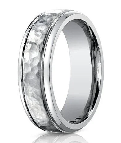 Men's Designer Hammered Titanium Ring with Polished Edges | 7mm