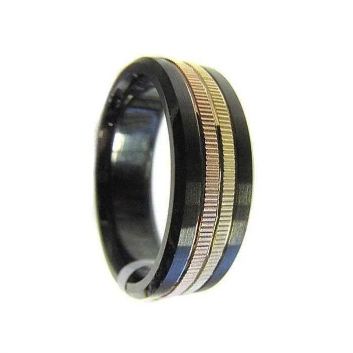 Men’s Black Cobalt Wedding Ring 14k Yellow & Rose Gold Coin Edge Inlay - 7.5 mm