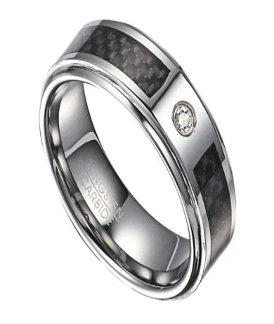 Men's Tungsten Wedding Band with Black Carbon Fiber and CZ | 8mm