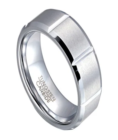 White Tungsten Wedding Ring for Men with Vertical Notches | 8mm