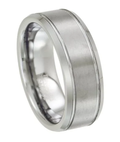 White Tungsten Wedding Band for Men with Beveled Edges | 8mm