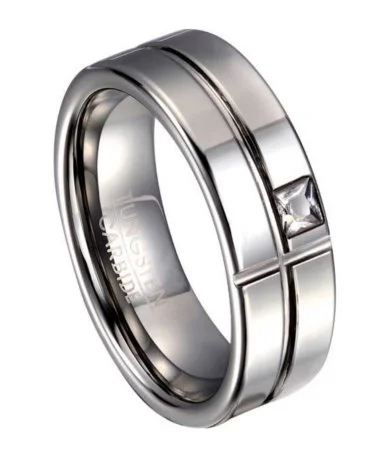 Tungsten Wedding Band with Geometric Design and Offset CZ | 8mm