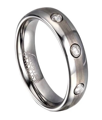 Domed Profile Tungsten Wedding Ring for Men with 3 CZs | 6mm