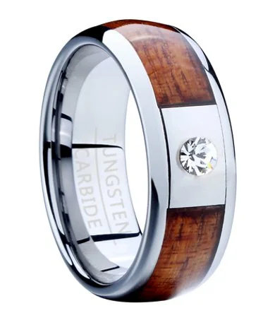 Tungsten Wedding Band for Men with Koa Wood Inlay and CZ