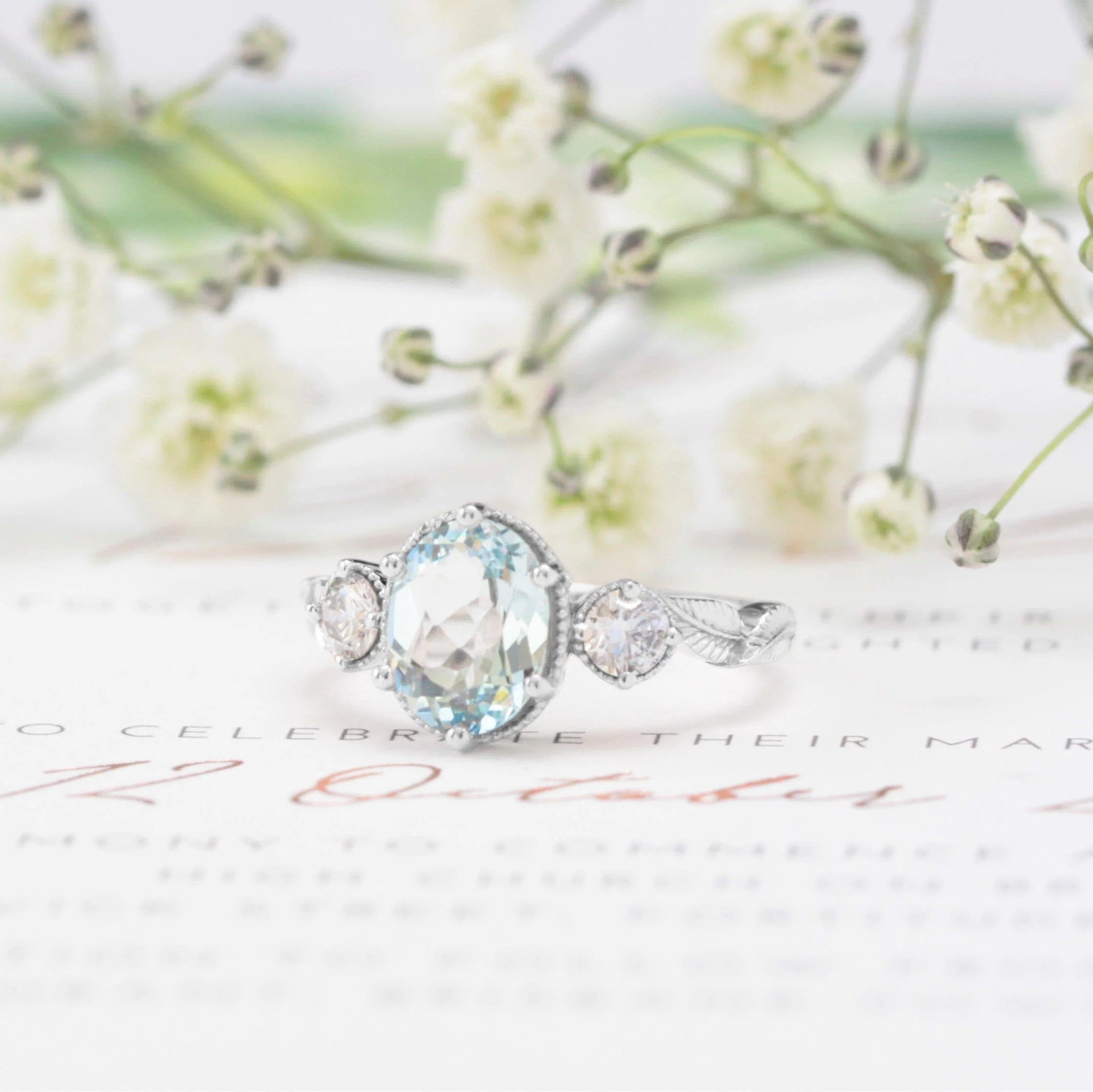 Oval Aquamarine Leaf Ring