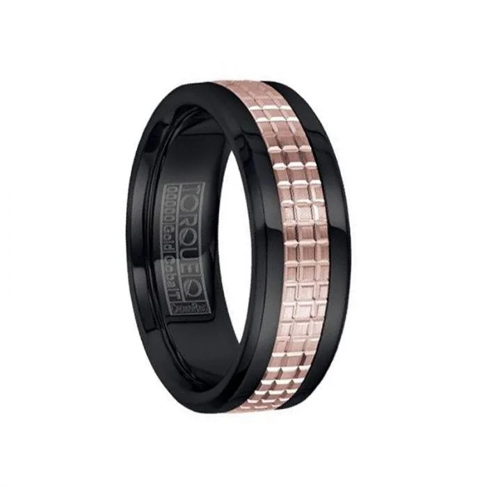 Polished Black Cobalt Men’s Wedding Band with Grooved 14k Rose Gold Inlay - 7.5mm