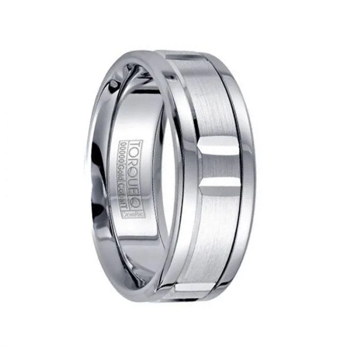 Polished Cobalt Men’s Ring with Brushed & Grooved 14k White Gold Inlay & Dual Grooves - 7.5mm