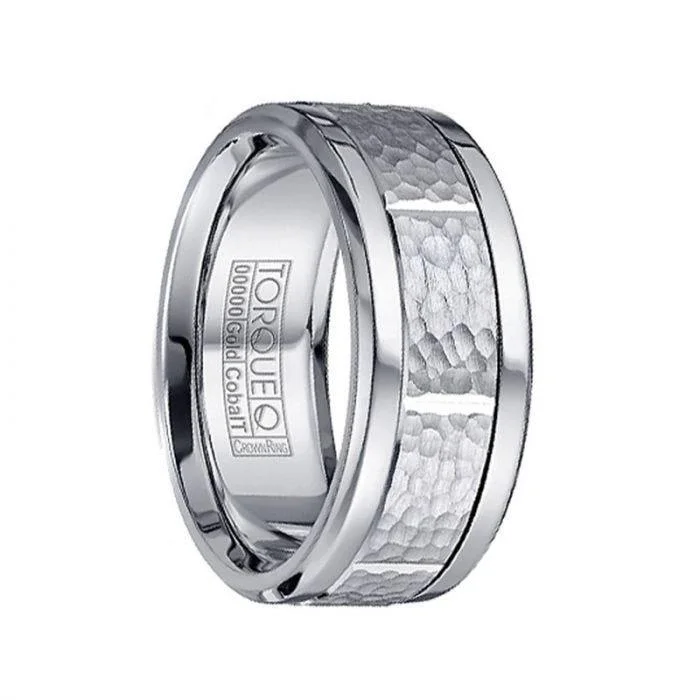 Polished Cobalt Men’s Wedding Ring with Hammered 14k White Gold Inlay - 9mm