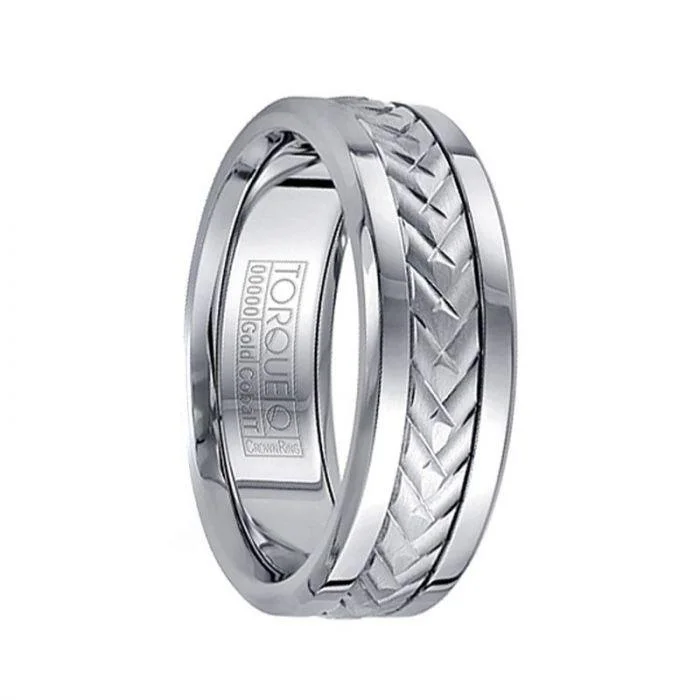 Polished White Cobalt Men’s Wedding Band with Grooved 14k White Gold Inlay Pattern - 7.5mm