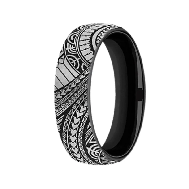 Polynesian Designed Black and Grey Titanium Men's Ring - 6.5mm