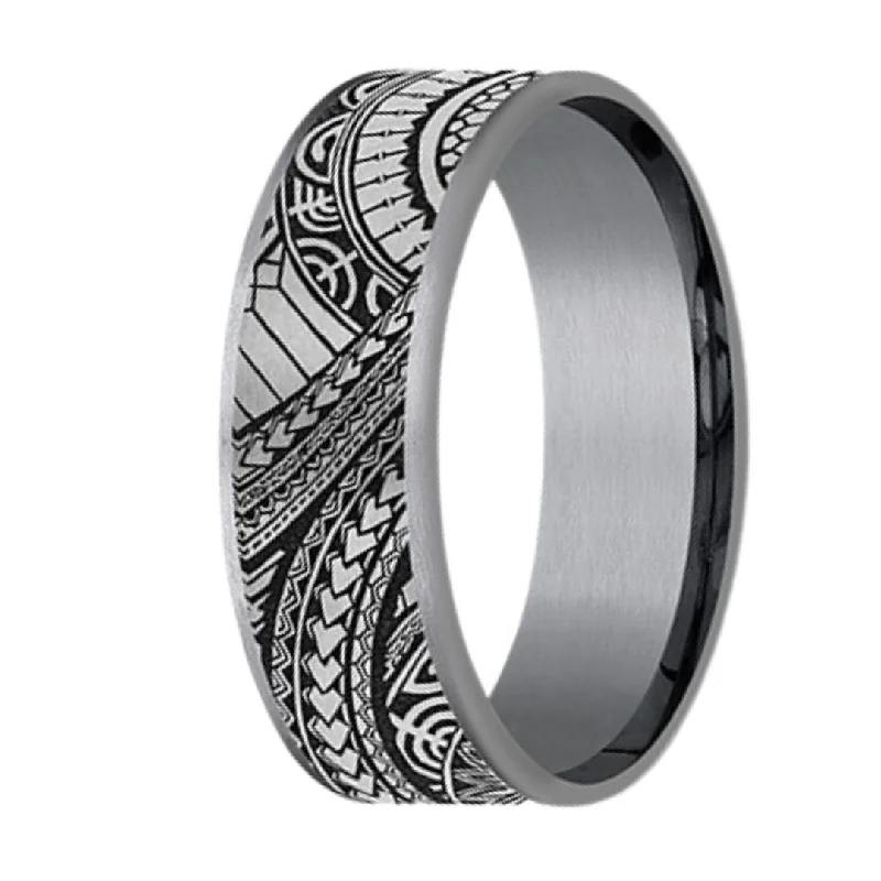 Polynesian Designed Tantalum and Titanium Men's Ring - 7.5mm