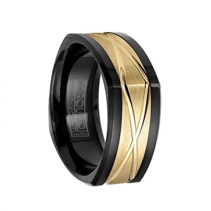 Soft Squared Polished Black Cobalt Wedding Band with Grooved 14k Yellow Gold Inlay - 9mm