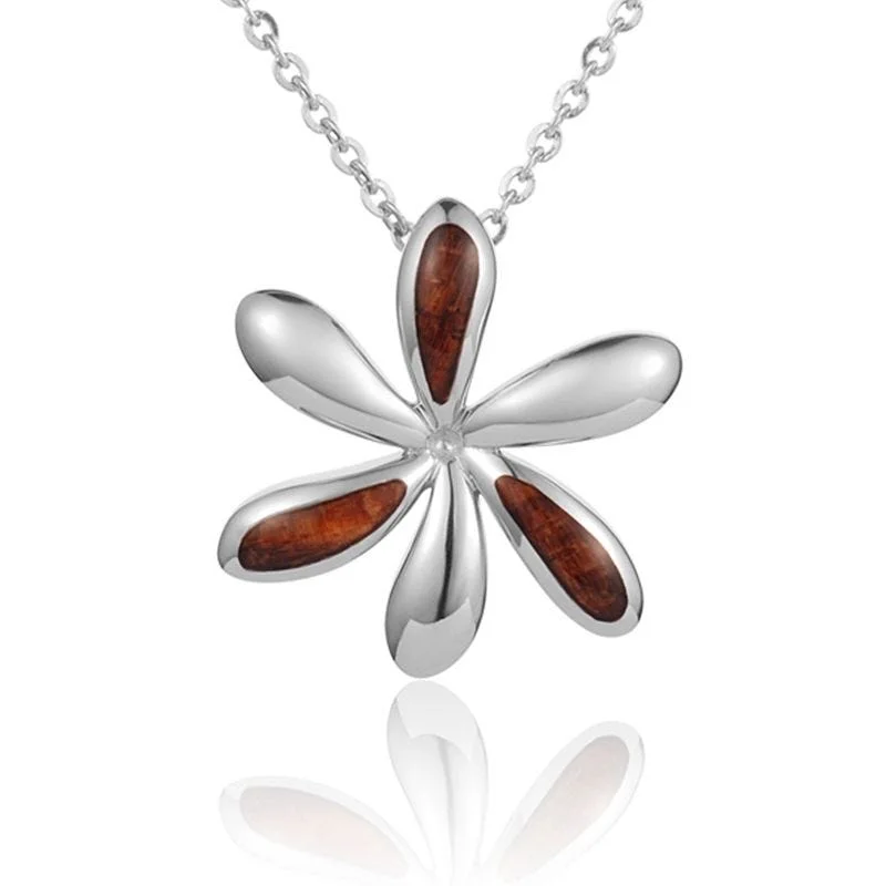 Sterling Silver Koa Wood Offset Inlay Tiare Flower Pendant18" Necklace