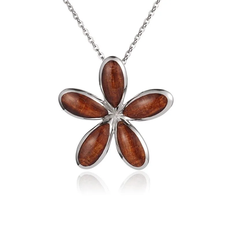 Sterling Silver Koa Wood Solid Inlay Plumeria Flower Pendant18" Necklace