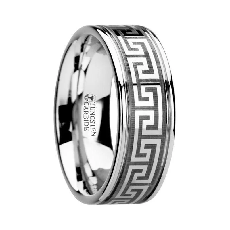 THASOS Grooved Tungsten Carbide Wedding Band with Greek Key Meander Design - 8mm