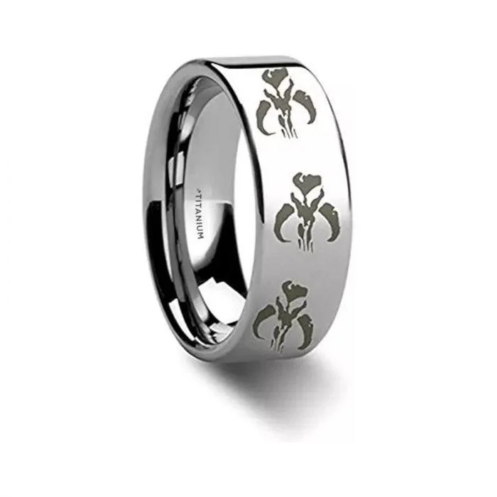 Thorsten Mandalorian Symbol Star Wars Polished Titanium Engraved Ring Jewelry - 6mm - 8mm