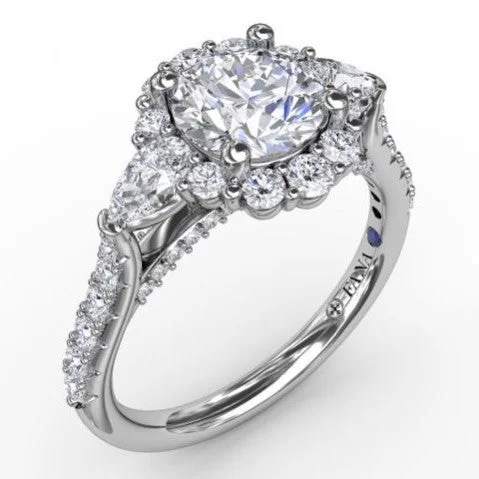 Three-Stone Diamond Halo Engagement Ring With Pear-Shape Side Stones